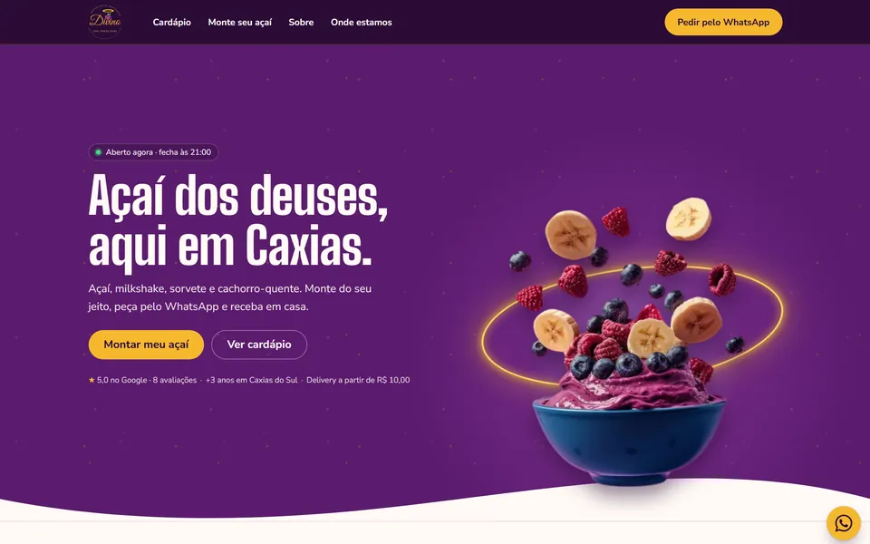 Site da Divino Açaiteria aberto no computador
