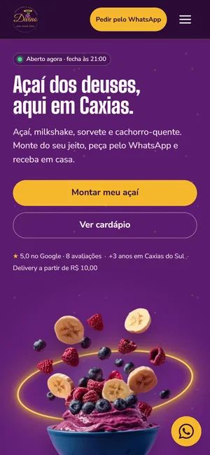 Site da Divino Açaiteria aberto no celular