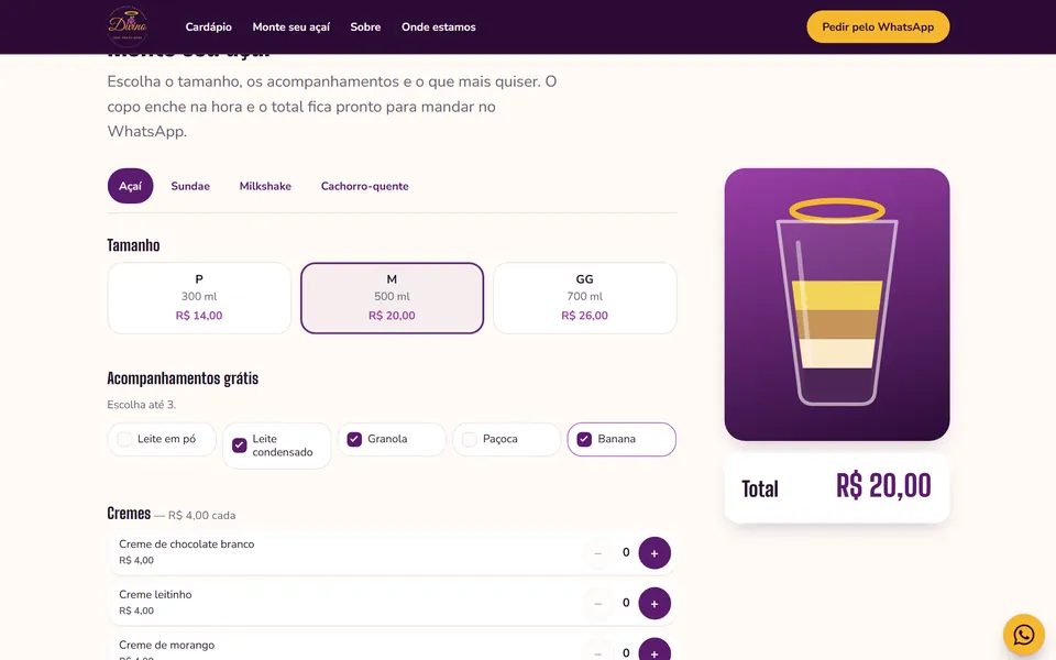 Seção Monte seu açaí do site da Divino, com o total calculado na hora