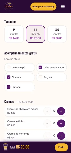 Montagem do açaí no site da Divino, aberto no celular