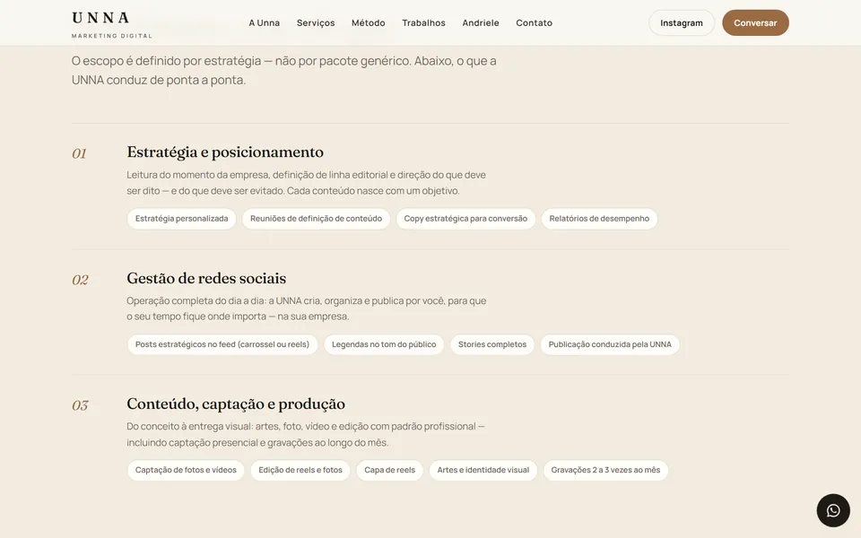 Seção de serviços do site da UNNA, com as 3 frentes de trabalho